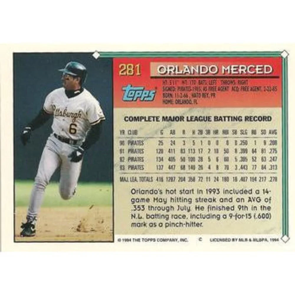 1994 Topps Orlando Merced # 281 Pittsburgh Pirates